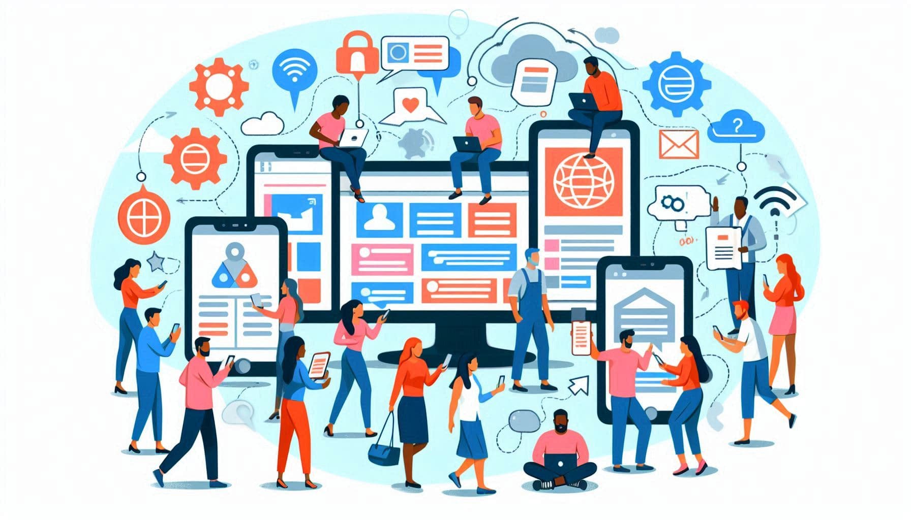 Inclusive illustration showing diverse users accessing a website on various devices (e.g., desktop, tablet, and smartphone).